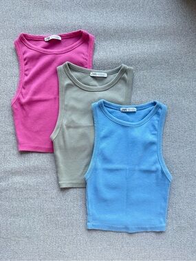 ZARA Women’s Ribbed Tank Top - Set of 3 in Pink, Green, Blue - size small